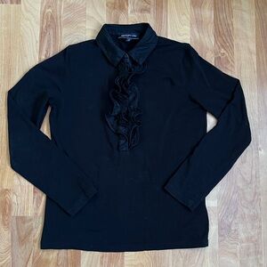 EUC Jones New York Elegant Collared Black Knit Top Ruffle Front sz L